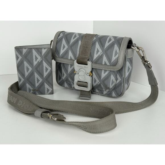 Christian Dior Hit the Road Flap Crossbody Bag CD Diamond Coated Gray Canvas - Picture 1 of 16